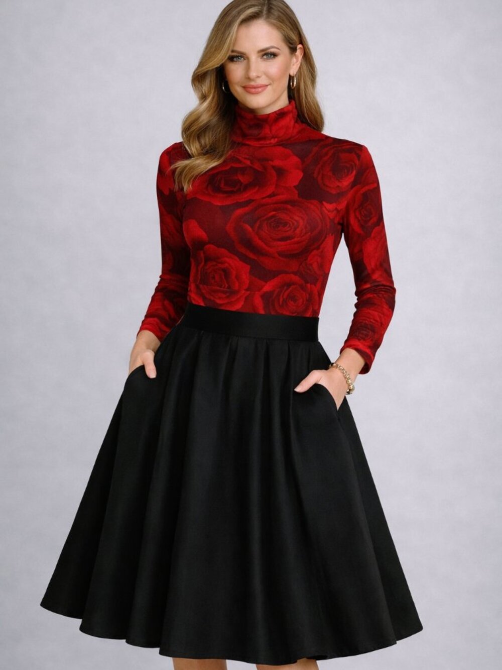 Tahari Red Rose Print Sheer Mock Neck Top